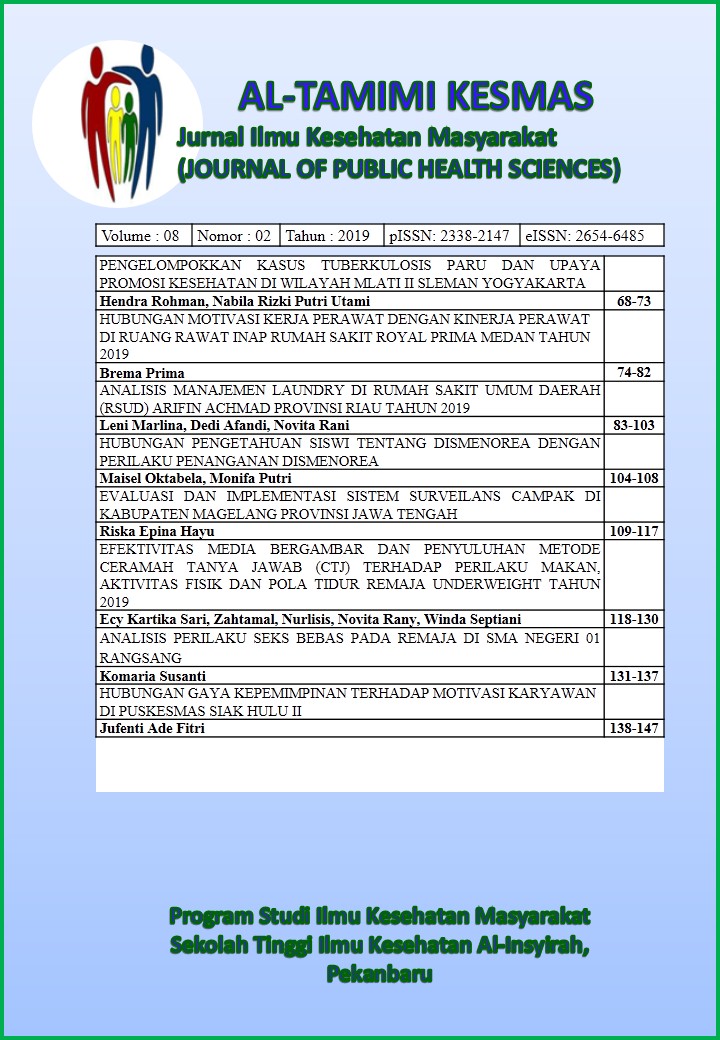 					View Vol. 8 No. 2 (2019): Al-Tamimi Kesmas : Jurnal Ilmu Kesehatan Masyarakat (Journal of Public Health Sciences)
				