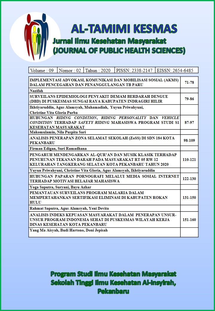 					View Vol. 9 No. 2 (2020): Al-Tamimi Kesmas: Jurnal Ilmu Kesehatan Masyarakat (Journal of Public Health Sciences)
				