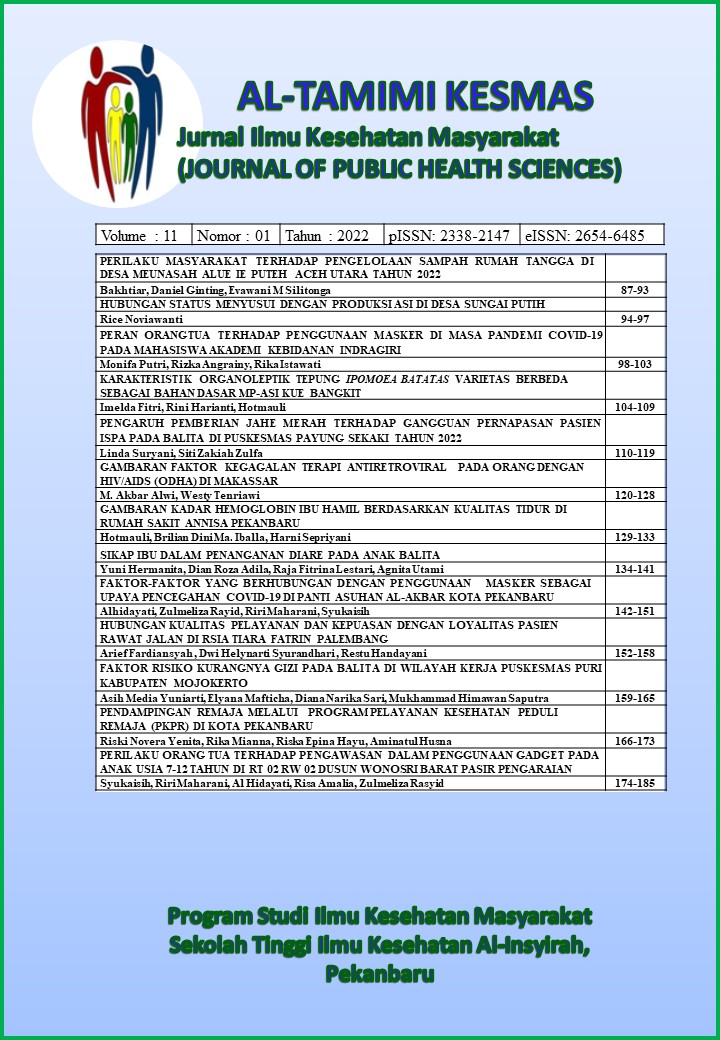 					View Vol. 11 No. 2 (2022): Al-Tamimi Kesmas: Jurnal Ilmu Kesehatan Masyarakat (Journal of Public Health Sciences)
				